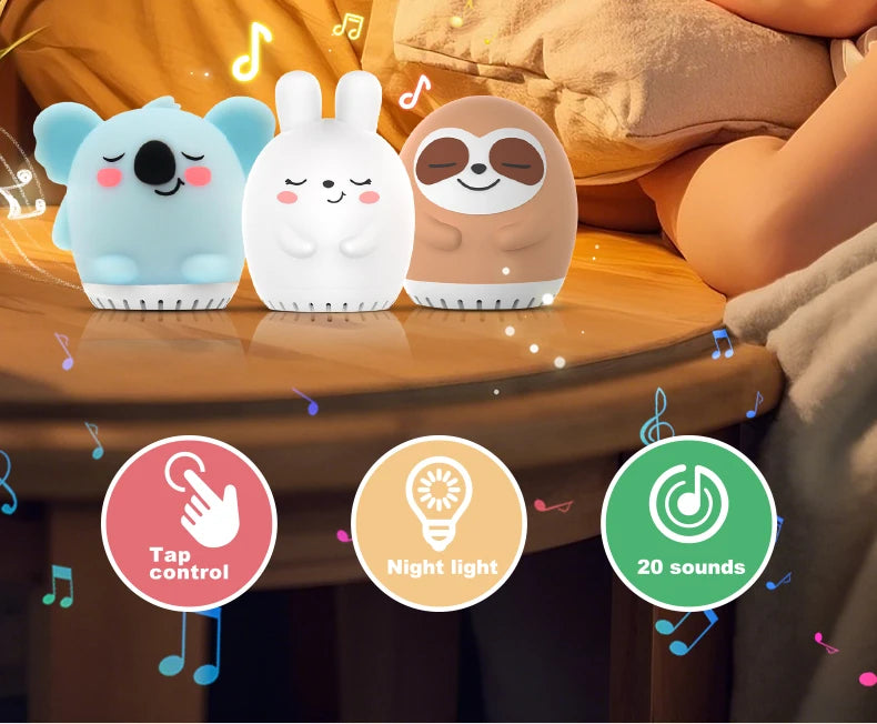 Mini máquina de ruido blanco de conejo bonito, luz LED nocturna, 20 música calmante para bebés, ayuda para dormir, lámpara de palmas de silicona para niños y niños