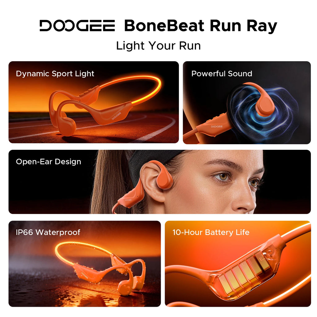 Audífonos DOOGEE BoneBeat Run Ray con Conducción Ósea, 10 Horas de Duración, Bluetooth 6.0, Dinámicos, Deportivos, Ligeros, Inalámbricos, de Diseño Abierto