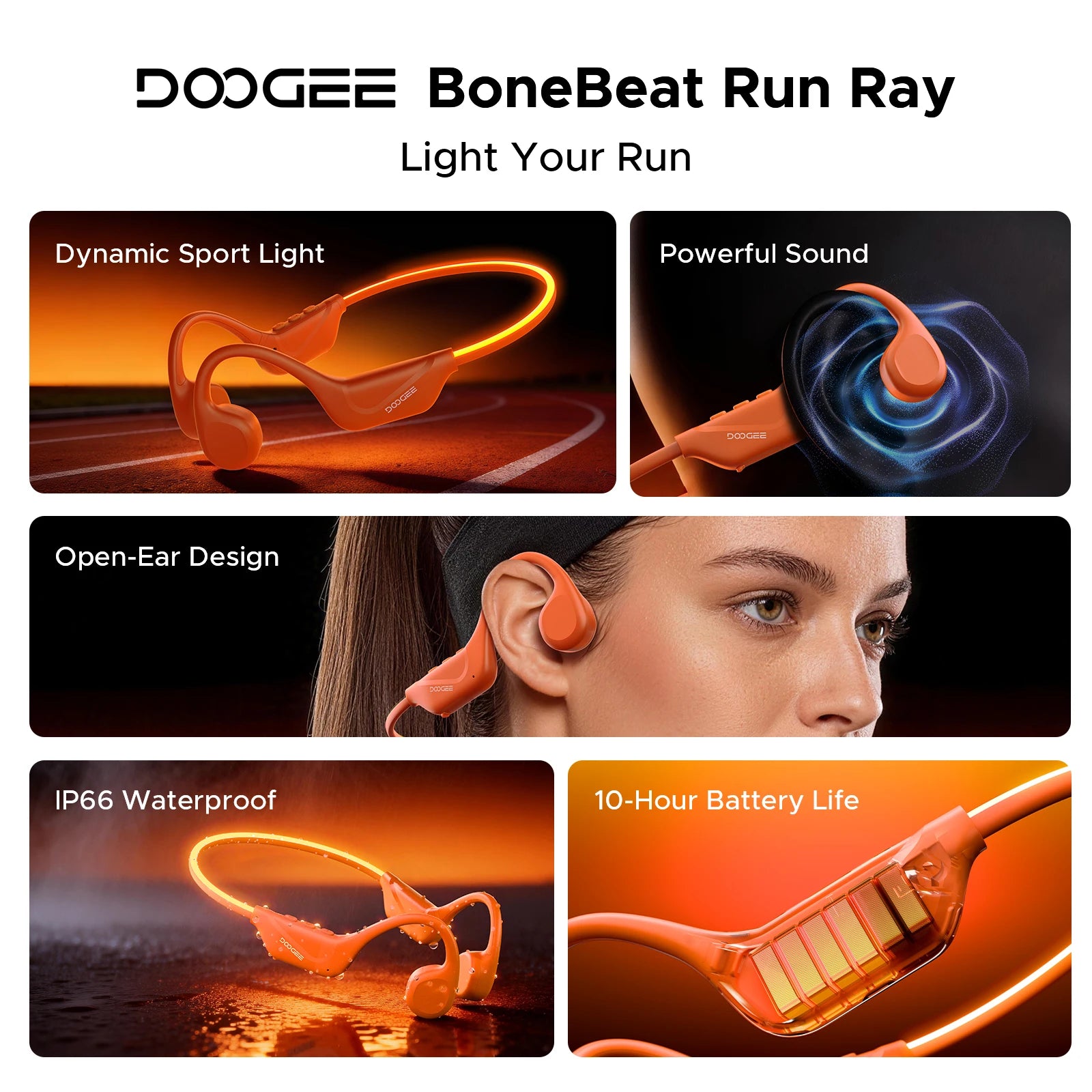 Audífonos DOOGEE BoneBeat Run Ray con Conducción Ósea, 10 Horas de Duración, Bluetooth 6.0, Dinámicos, Deportivos, Ligeros, Inalámbricos, de Diseño Abierto