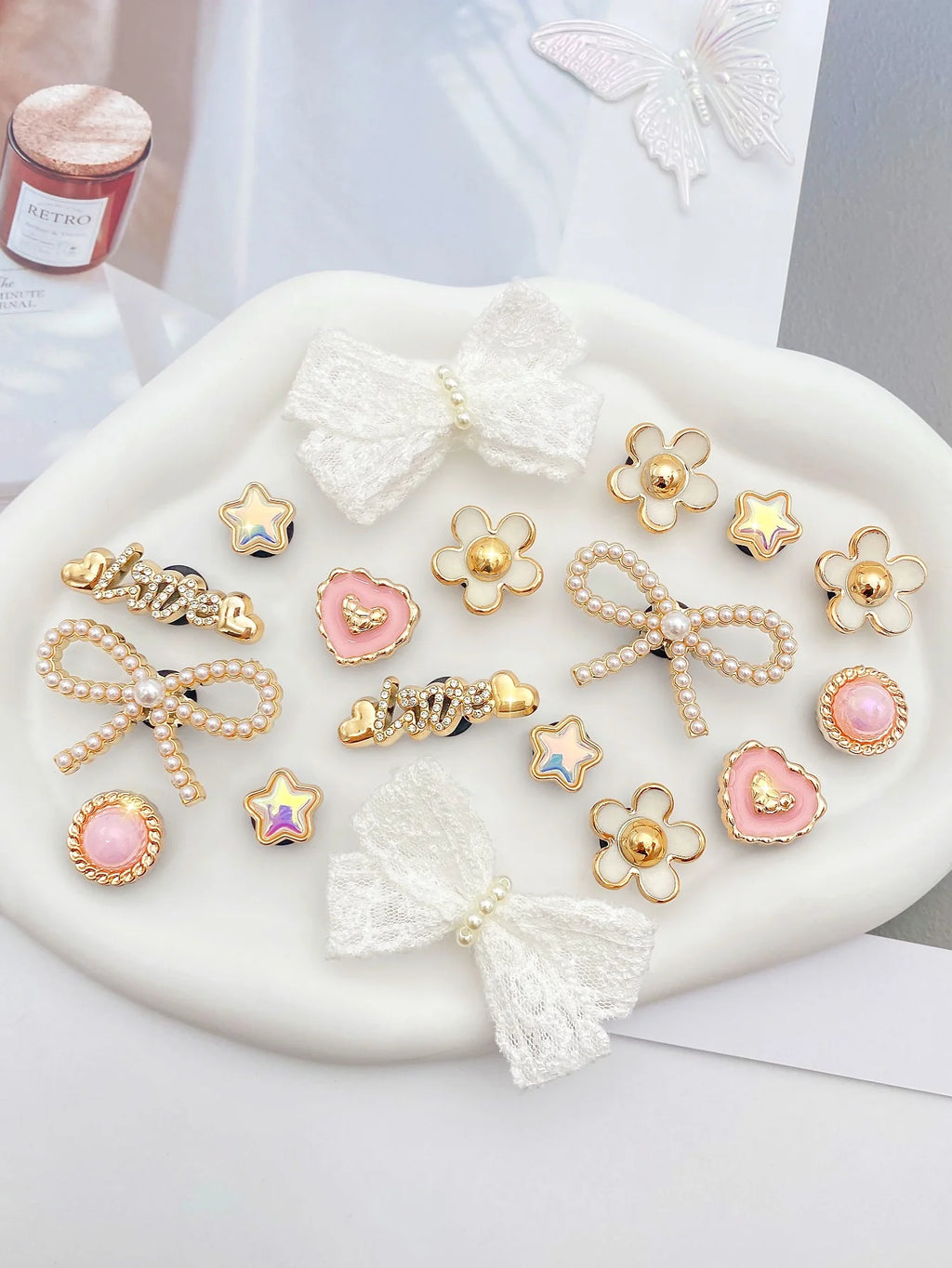 18 piezas de lazo de perlas ABS blanco, perla ABS redonda rosa, amor, flores blancas, pentáculo, botón de amor con letras, decoración DIY, suitab