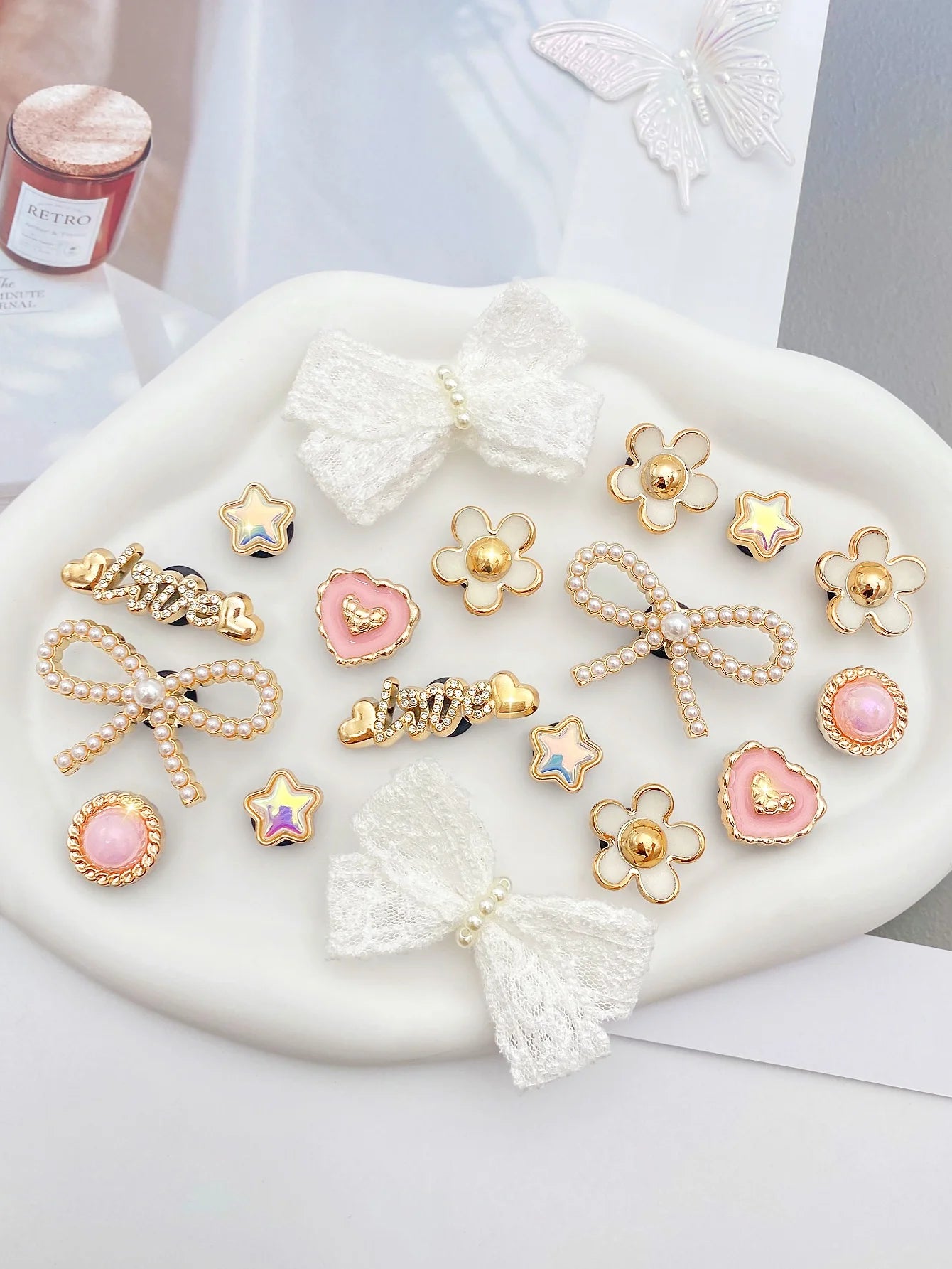 18 piezas de lazo de perlas ABS blanco, perla ABS redonda rosa, amor, flores blancas, pentáculo, botón de amor con letras, decoración DIY, suitab