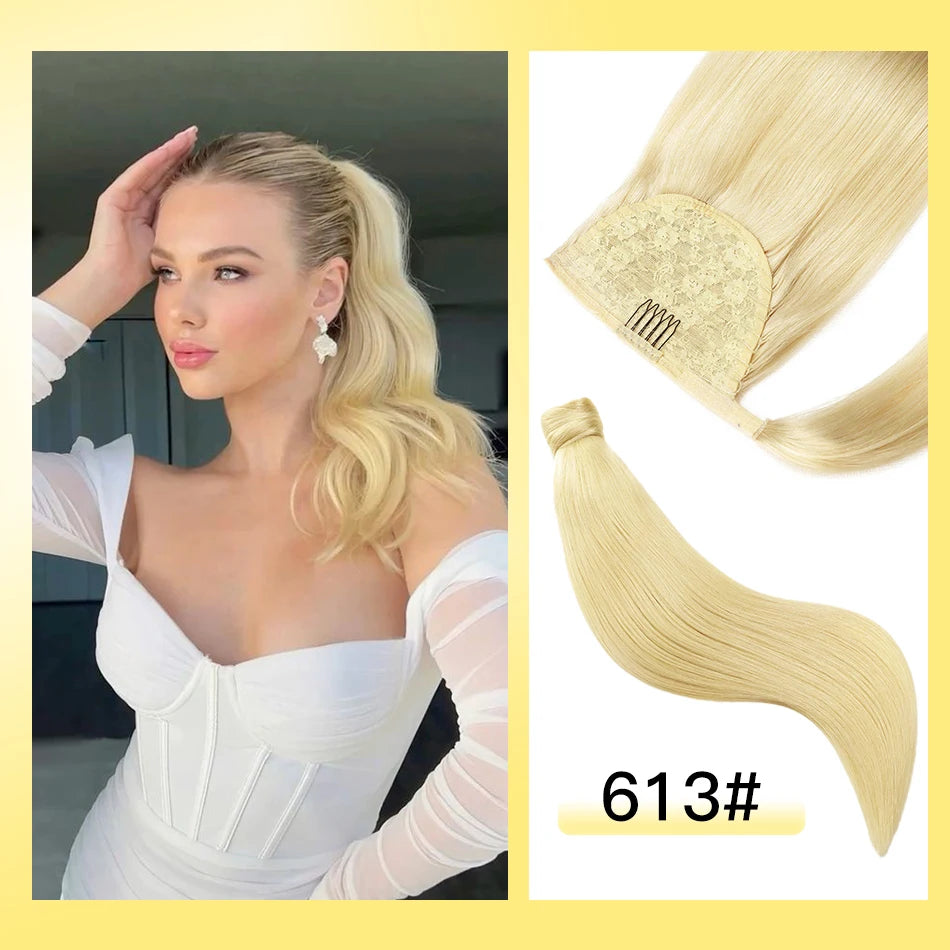 Cola de Caballo de cabello humano Yelo, Clip envolvente en pieza de cabello, extensión de cola de caballo, cabello humano liso con pasta mágica