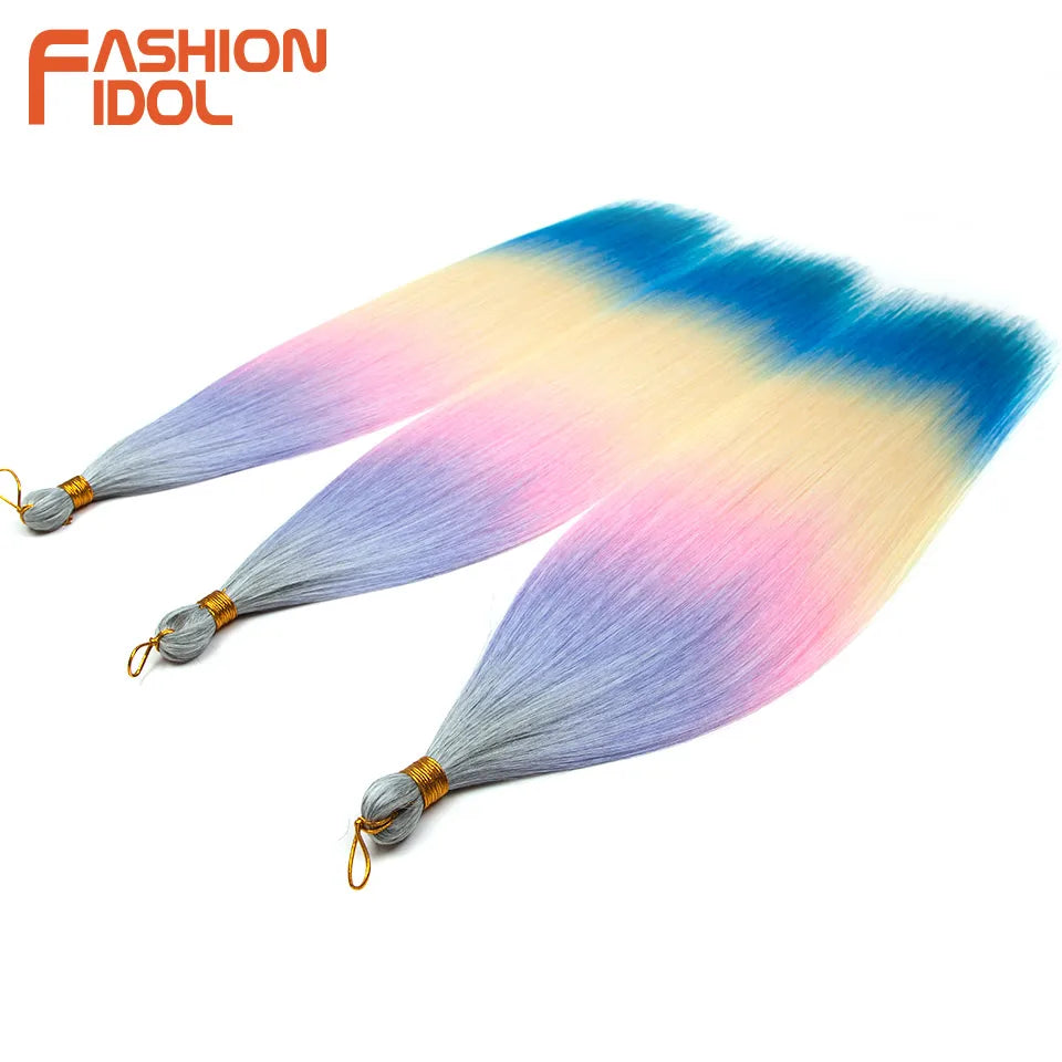 FASHION IDOL, 28 pulgadas, 300g/3 piezas, cabello liso, cabello trenzado sintético, extensiones de cabello de fibra resistente al calor, color gris ombré