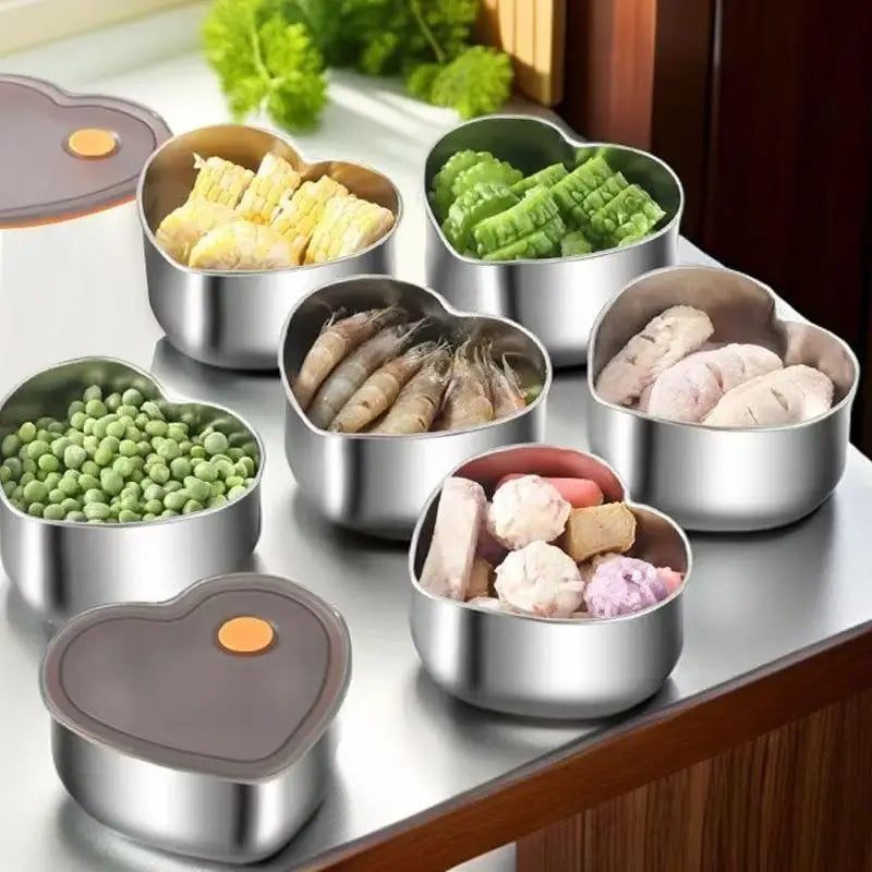 Organizadores de alimentos de cocina en forma de amor con tapas, caja de almacenamiento de acero inoxidable 410, accesorios de cocina a prueba de fugas de gran capacidad