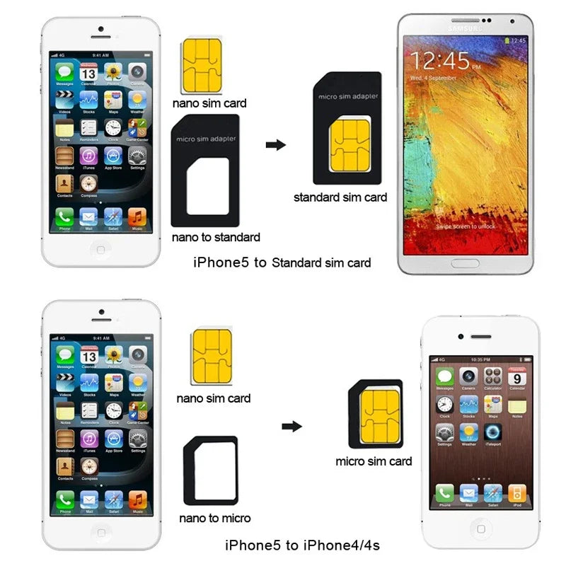 Kit Adaptador de Tarjeta SIM Micro Nano 4 en 1 con Aguja Expulsora para iPhone, Huawei, Samsung y Teléfonos Móviles Inteligentes
