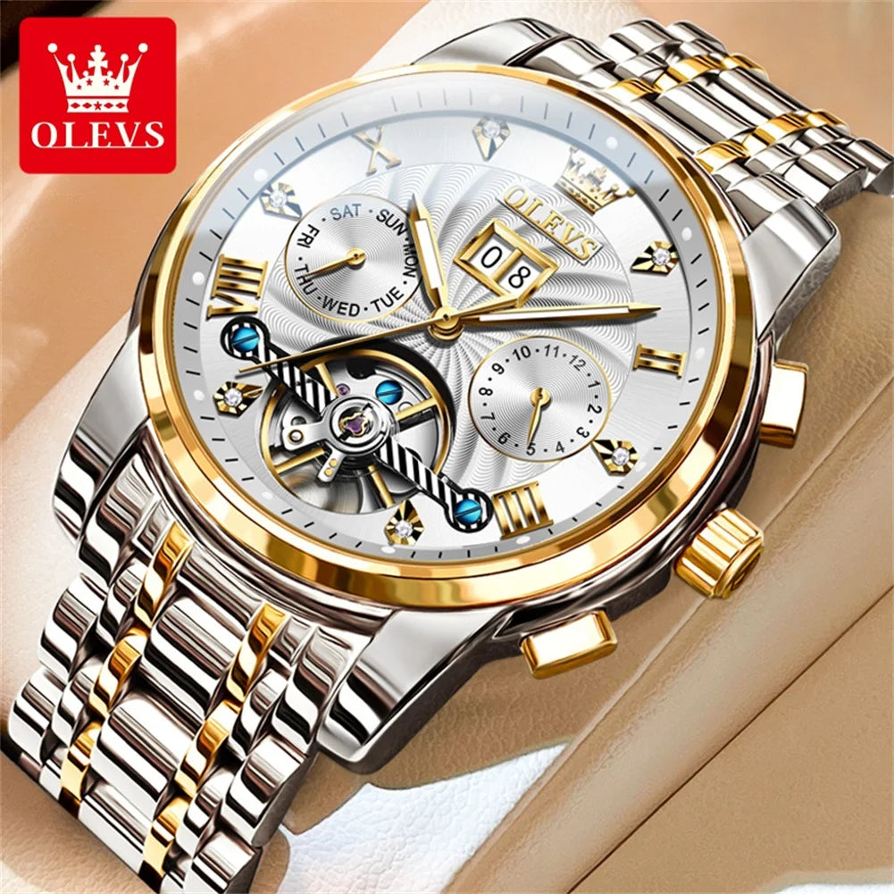 OLEVS 9910 Reloj para hombre Tourbillon de lujo Original Reloj mecánico automático Reloj luminoso resistente al agua con fecha y día con caja Reloj