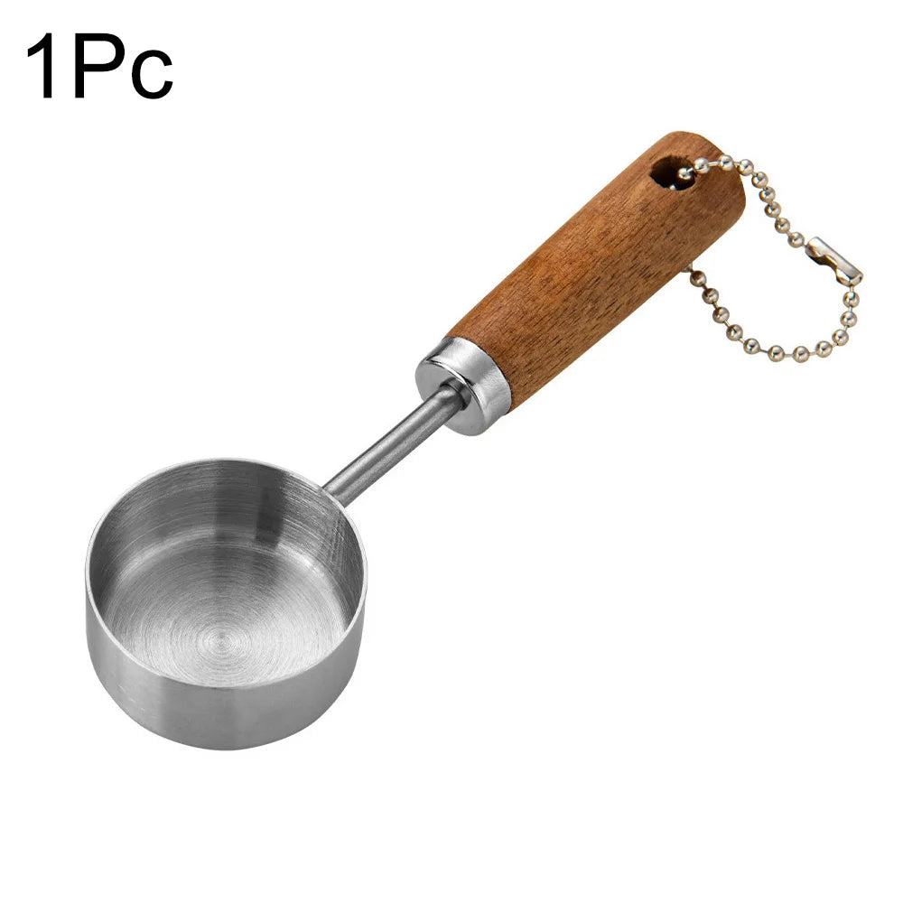 Mango de madera dorado, tazas medidoras de acero inoxidable, cucharas, herramientas para hornear, juego de cucharas medidoras de café, accesorios de báscula para barman