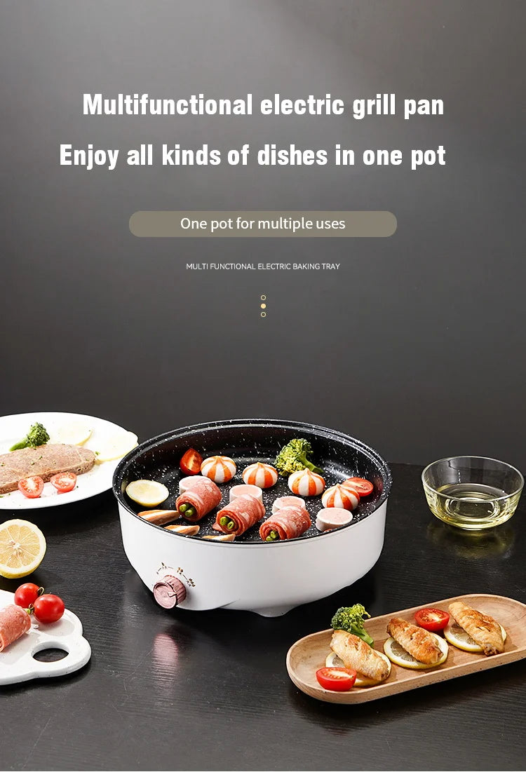 Sartén eléctrica multicocina de 220V, barbacoa casera, filete frito, tortilla de pescado, sartén antiadherente, máquina eléctrica con enchufe europeo