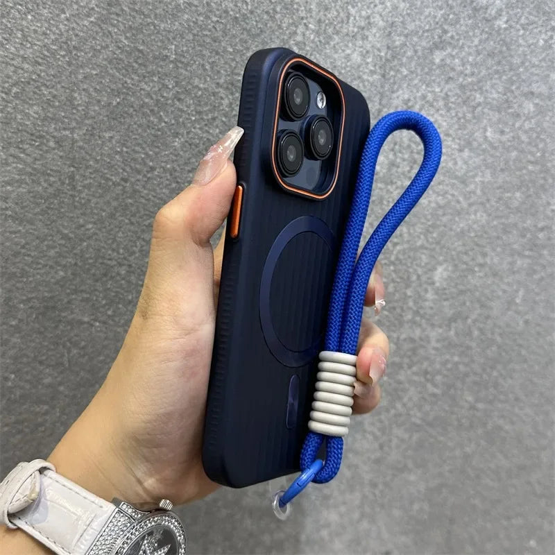 Funda Magnética Delgada Mate con Rayas para iPhone 16 15 ProMax 14 13 12 Pro Max 16 Plus, Antigolpes, Compatible con Magsafe, con Cordón