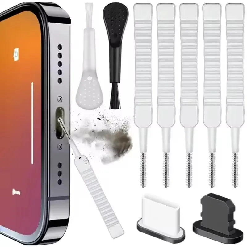 Juego de limpieza de puerto de carga para altavoz de teléfono móvil, tapón antipolvo para iPhone 16 15 14, Kit de limpieza de auriculares, cepillo para Samsung Xiaomi