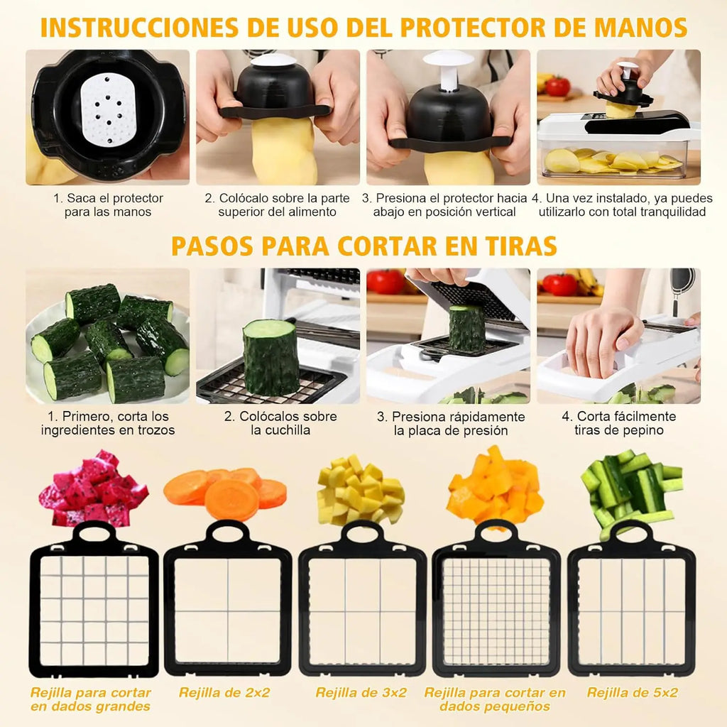 Picador de Verduras 26 en 1 con Cuchillas de Acero Inoxidable, Espiralizador, Rallador, Protector de Manos para Rebanar