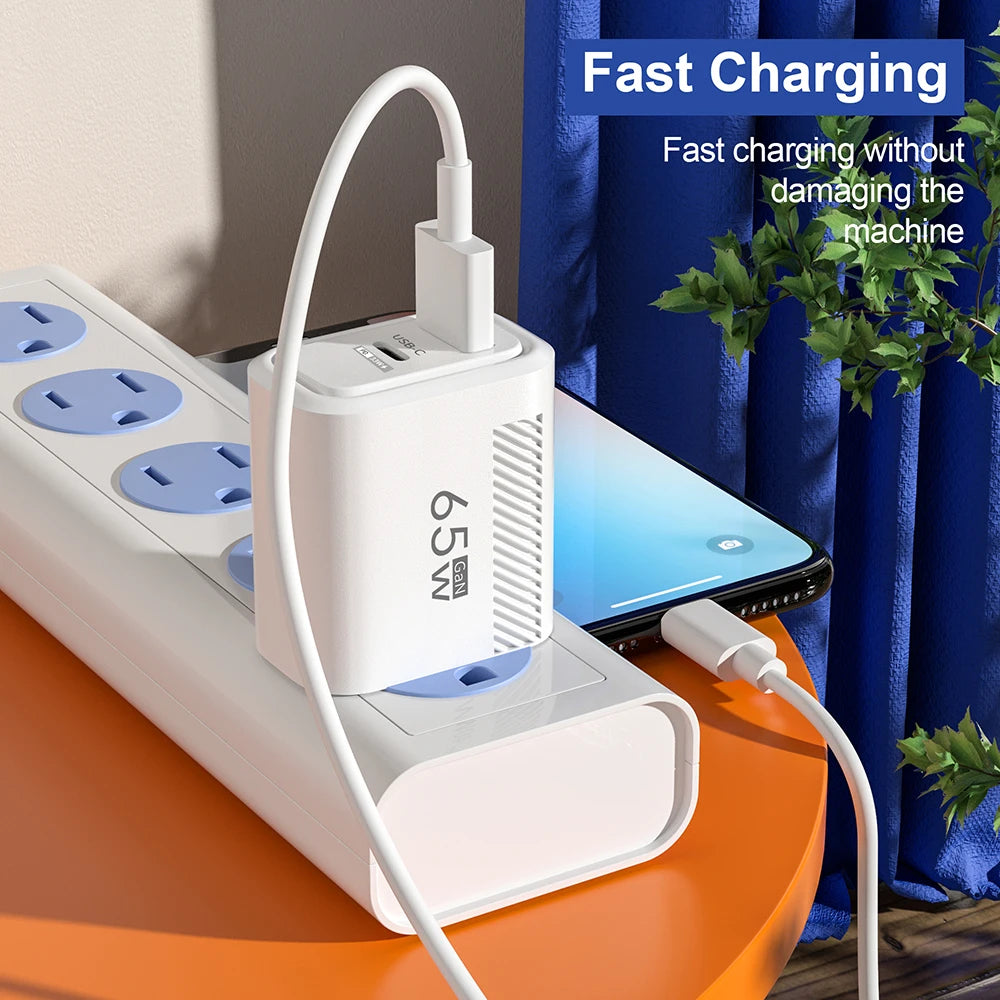 Cargador de USB-C de 65W GaN, Cable PD tipo C de carga rápida, adaptador de teléfono móvil para iPhone 16, Xiaomi, Samsung, Xiaomi, QC 3,0, cargador de pared