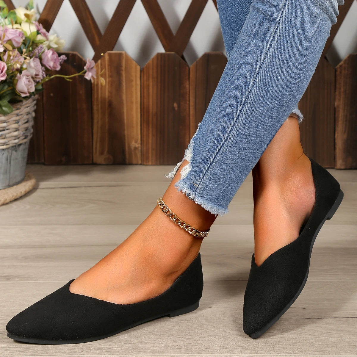 Zapatos planos de gamuza con punta en pico para mujer, estilo casual con corte en V, cómodos para el trabajo y la oficina, suela suave, mocasines sin cordones.
