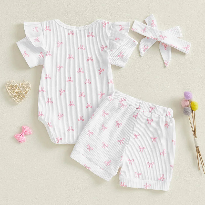 Conjuntos de verano para niña de 0 a 18 meses, pelele de manga corta con estampado de lazo, pantalones cortos de cintura elástica y diadema, conjunto de 3 uds.