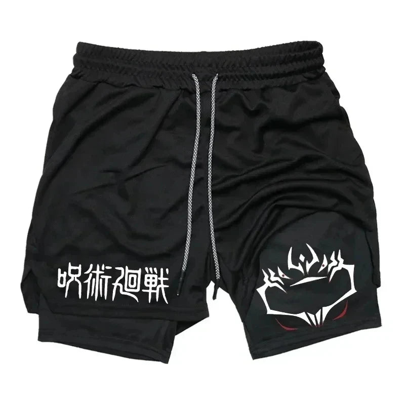 Pantalones cortos deportivos para hombre Jujutsu Kaisen Anime Graphic 2 en 1 pantalones cortos de compresión para hombre pantalones cortos de rendimiento de gimnasio de secado rápido atléticos