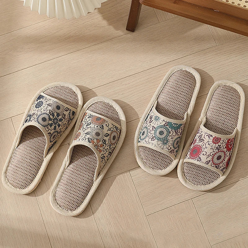 Otoño Invierno zapatillas de suelo para mujer Retro de lino con punta abierta EVA sandalias casuales de fondo grueso zapatillas de interior para parejas zapatos