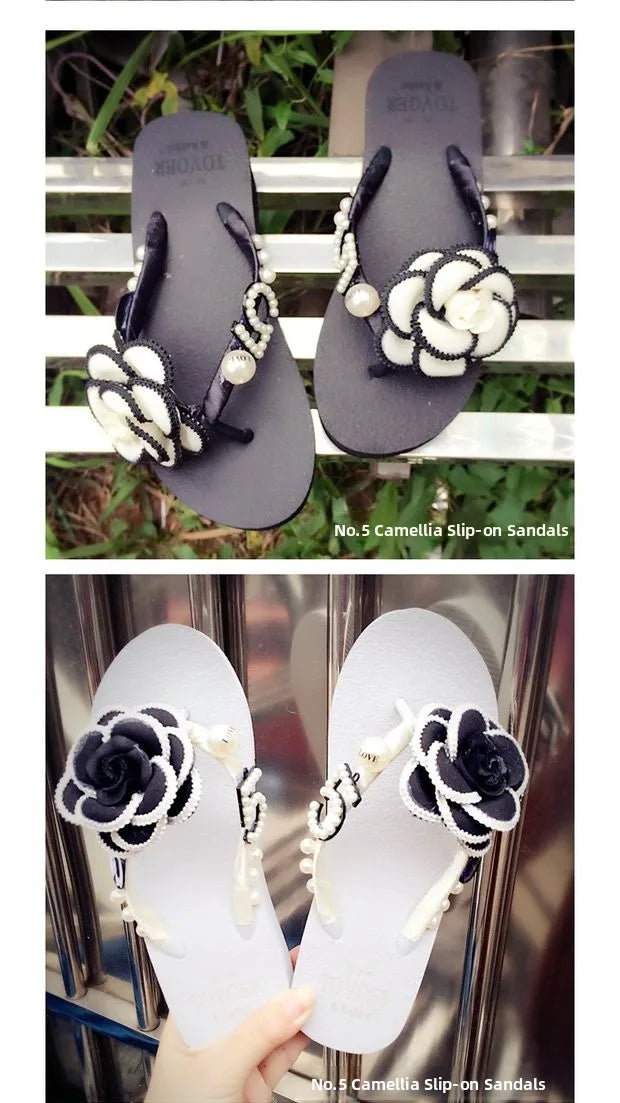 Sandalias Hechas a Mano con Suela Plana Antideslizante, Decoradas con Perlas, con Diseño de Flor de Camelia, Chanclas de Play...