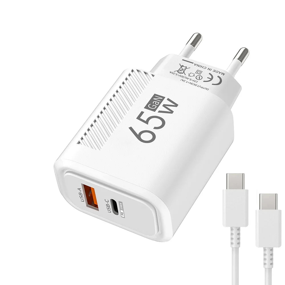 Cargador de USB-C de 65W GaN, Cable PD tipo C de carga rápida, adaptador de teléfono móvil para iPhone 16, Xiaomi, Samsung, Xiaomi, QC 3,0, cargador de pared