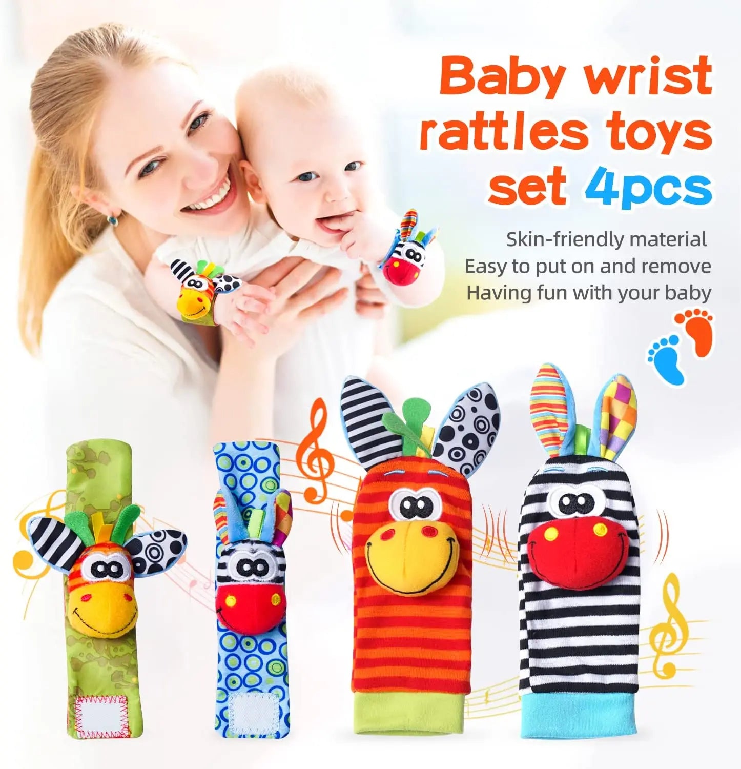 Sonajeros de muñeca para bebé, calcetines de animales para recién nacidos, buscador de pies, correa para la muñeca, calcetines para bebé, juguetes sensoriales, juguetes para bebé de 0 a 12 meses, regalo