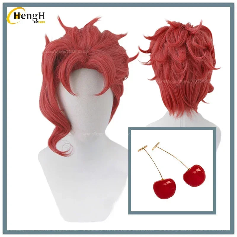 En Stock Anime Noriaki Kakyoin sintético Unisex pelo corto rojo rizado Cosplay Anime peluca pelo resistente al calor pelucas de fiesta + gorro de peluca