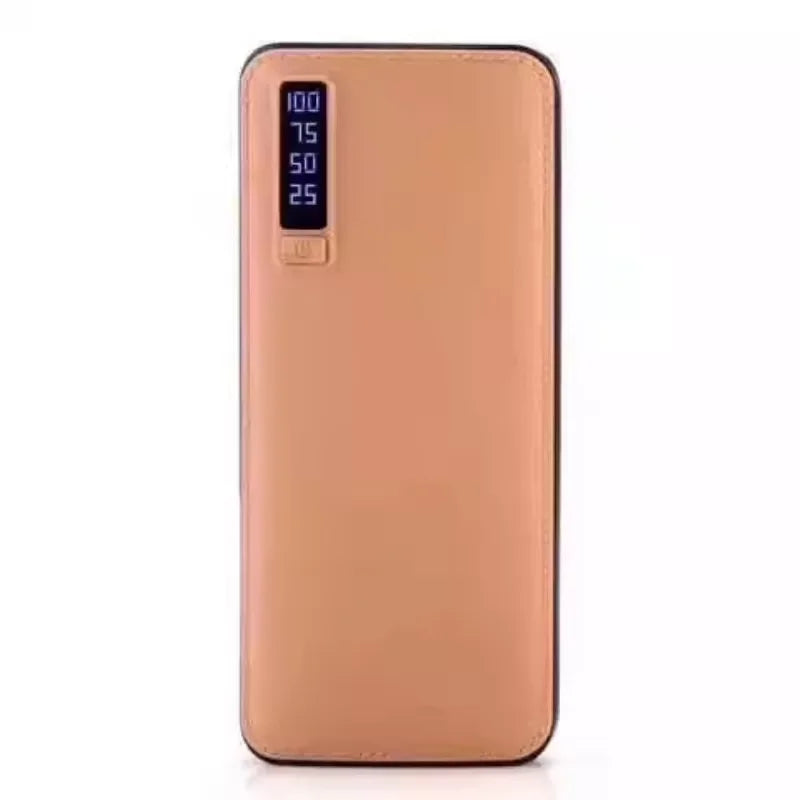 Batería portátil de 10000 mAh con textura de piel, 3 puertos USB y linterna. Disponible en varios colores.
