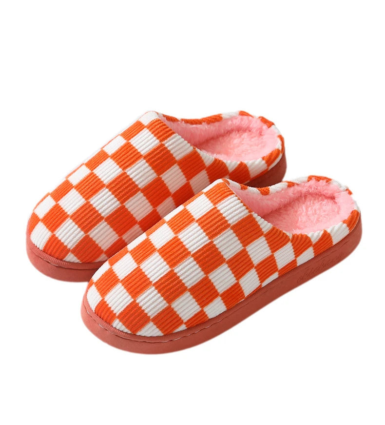 Zapatilla a cuadros para mujer, invierno cálido, hogar, dibujos animados Kawaii, Contton de felpa, interior, divertido, lindo, peludo, zapatos de suelo para casa, tablero de ajedrez femenino