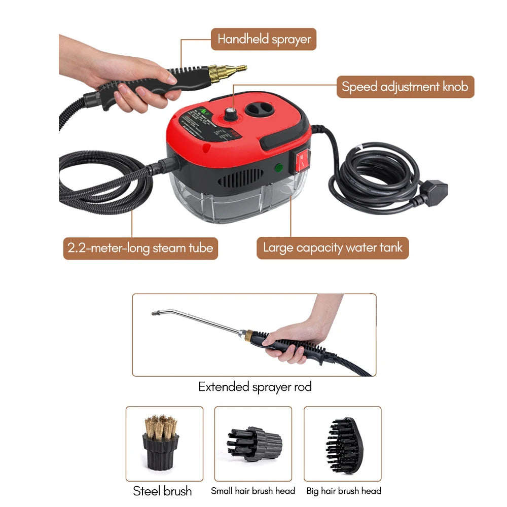 Limpiador a Vapor Portátil de Mano, 1500W, Alta Temperatura, Máquina de Limpieza a Vapor a Presión con Cabezales de Cepillo para Muebles de Cocina