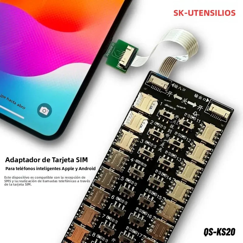 Lector de Tarjetas SIM Múltiples con 20 Ranuras, Adaptador de Tarjetas SIM Universal para Android y Apple, Expansión de Gran Capacidad