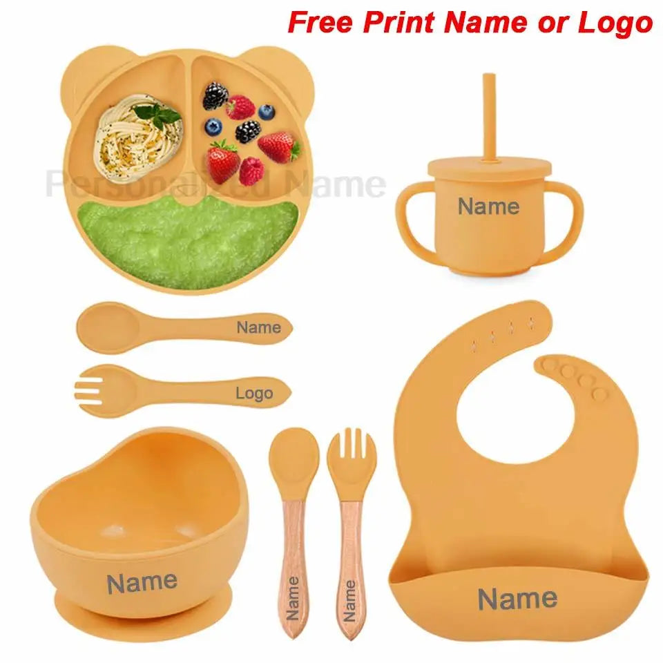 Vajilla de silicona para niños, juego de alimentación de bebé, plato de dibujos animados, nombre personalizado, taza con ventosa, plato, babero, regalo para recién nacido, 8 Uds./5 uds.
