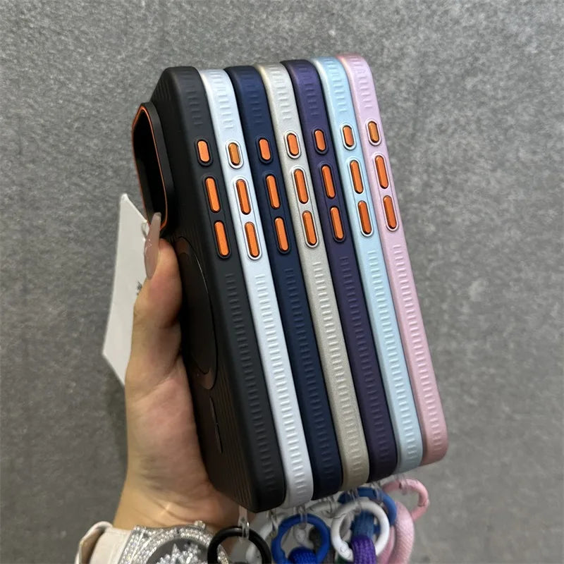 Funda Magnética Delgada Mate con Rayas para iPhone 16 15 ProMax 14 13 12 Pro Max 16 Plus, Antigolpes, Compatible con Magsafe, con Cordón
