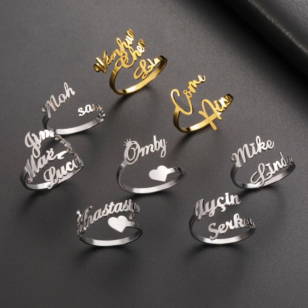 Anillo con nombre personalizado para mujeres y hombres, joyería personalizada para dedo, accesorios de acero inoxidable, anillos con múltiples nombres dobles, regalo familiar