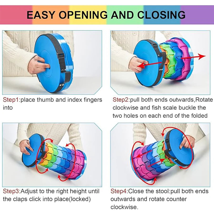 Un taburete portátil plegable de color arcoíris, silla plegable de plástico, adecuada para pesca al aire libre, reuniones de fiesta, taburete plegable con altura ajustable.