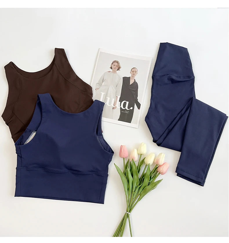 Ropa de Yoga de 2 piezas para mujer, conjunto de Yoga para gimnasio con tirantes cruzados en la espalda, Sujetador deportivo de realce, mallas de Yoga de cintura alta, ropa deportiva de entrenamiento
