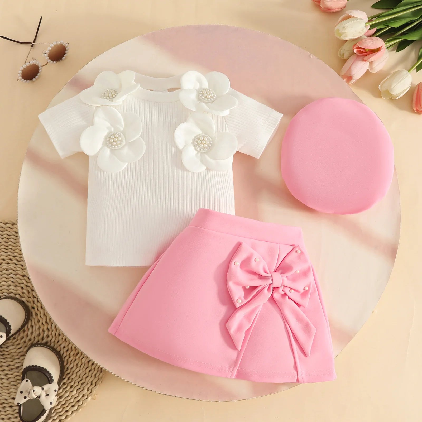 Conjunto de ropa de Año Nuevo para niñas de 0 a 3 años, Top de manga larga con lazo grande, falda Irregular y boina, ropa de Navidad para niños pequeños de 3 uds.