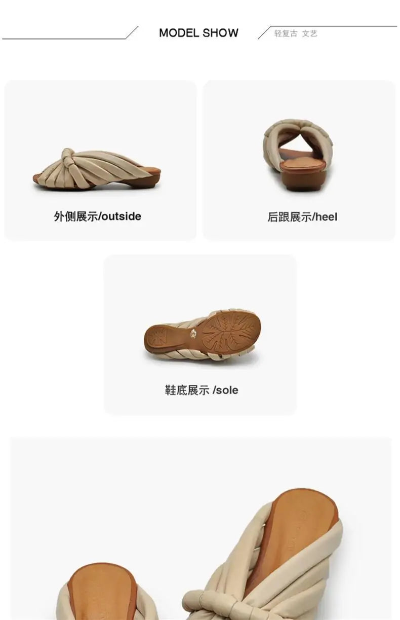 Sandalias Planas de Cuero Genuino para Mujer, Verano 2026, Diseño Abierto con Correa Anudada Única, para Uso en Exteriores
