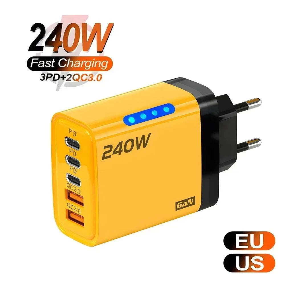 Cargador USB C GaN 5 en 1 de 240W, adaptador de carga rápida para teléfono, PD QC3.0, enchufe europeo/estadounidense/británico, cargador de pared para iPhone, Samsung, Xiaomi