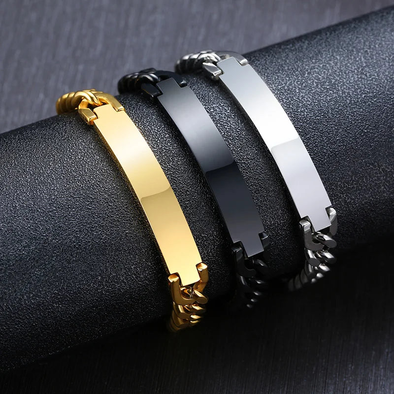 Pulsera de acero inoxidable con identificación de cadena para hombre, brazalete personalizado de Color plateado, barra personalizada con nombres, iniciales, fecha, joyería masculina