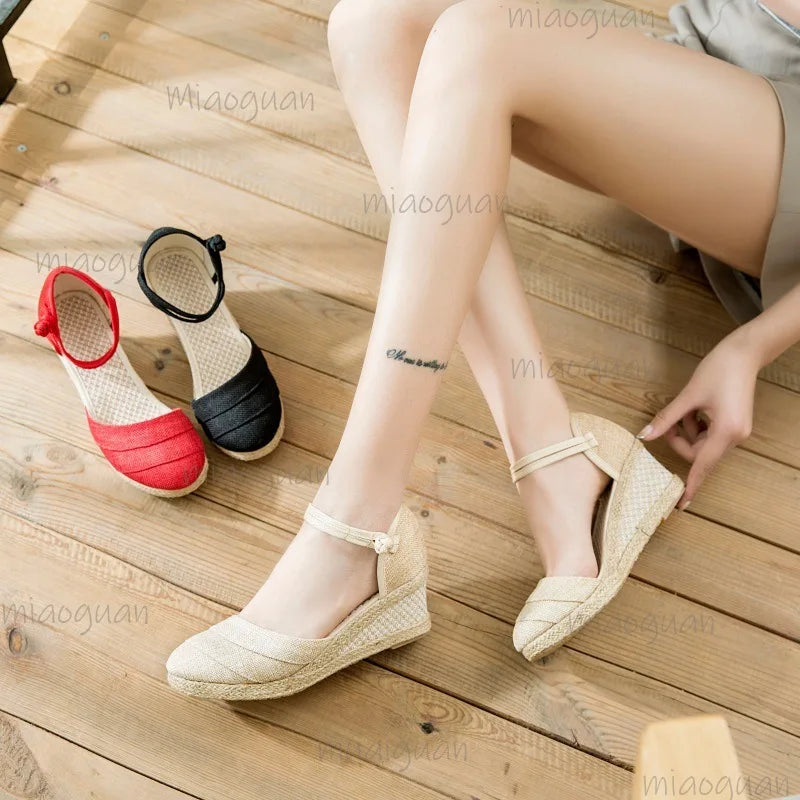 Sandalias de lino con plataforma para mujer, sandalias con correa en el tobillo, calzado ligero y transpirable para verano, sandalias de moda romana para mujer, talla 34
