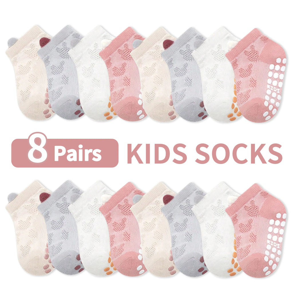 Paquete de 8 calcetines para bebé con diseño de malla, transpirables, antideslizantes, calcetines de interior con suela suave para niñas, color sólido, versátiles, adecuados para la vida diaria informal