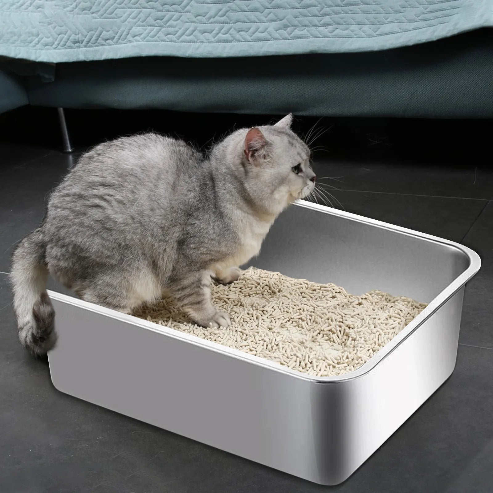Caja de arena para gatos de acero inoxidable 304, bandeja de arena grande de acero inoxidable para interiores, sartén de Metal de alta cara para gatos, suministros de limpieza para gatos