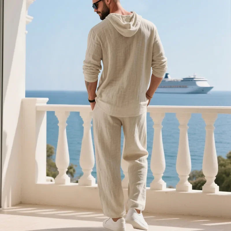 Conjunto informal holgado de lino para hombre, camisa Henry de manga larga y pantalones largos, conjunto cómodo y transpirable a la moda para otoño 2025