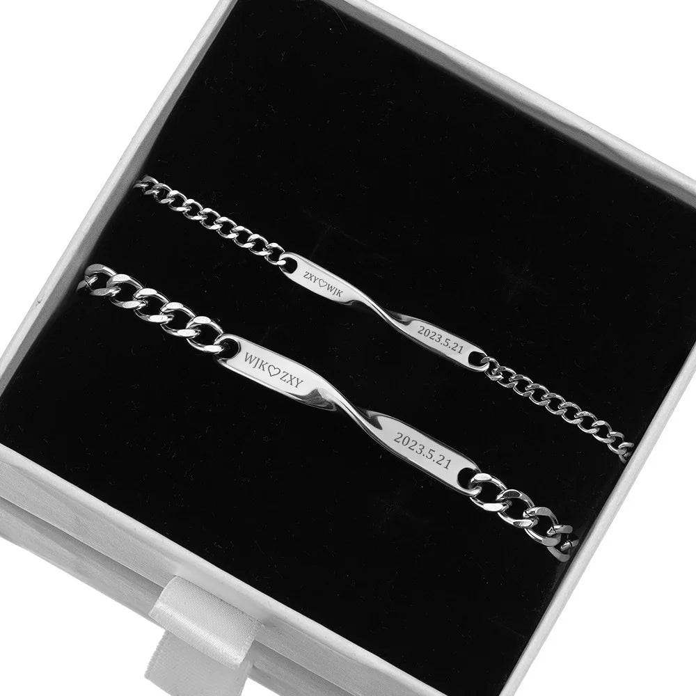 Pulsera Mobius Personalizada con Nombre Grabado para Hombre y Mujer, Pulsera de Acero Inoxidable con Nombre y Fecha Personalizados, Joyería DIY para Parejas, Regalo