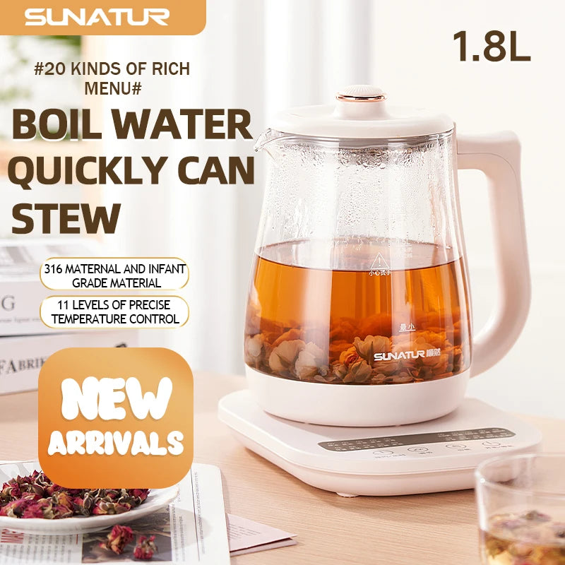 SUNATUR-hervidores eléctricos de vidrio, olla saludable multifunción de 220V, leche, fruta, té, café, agua, 800W, preservación del calor las 24 horas