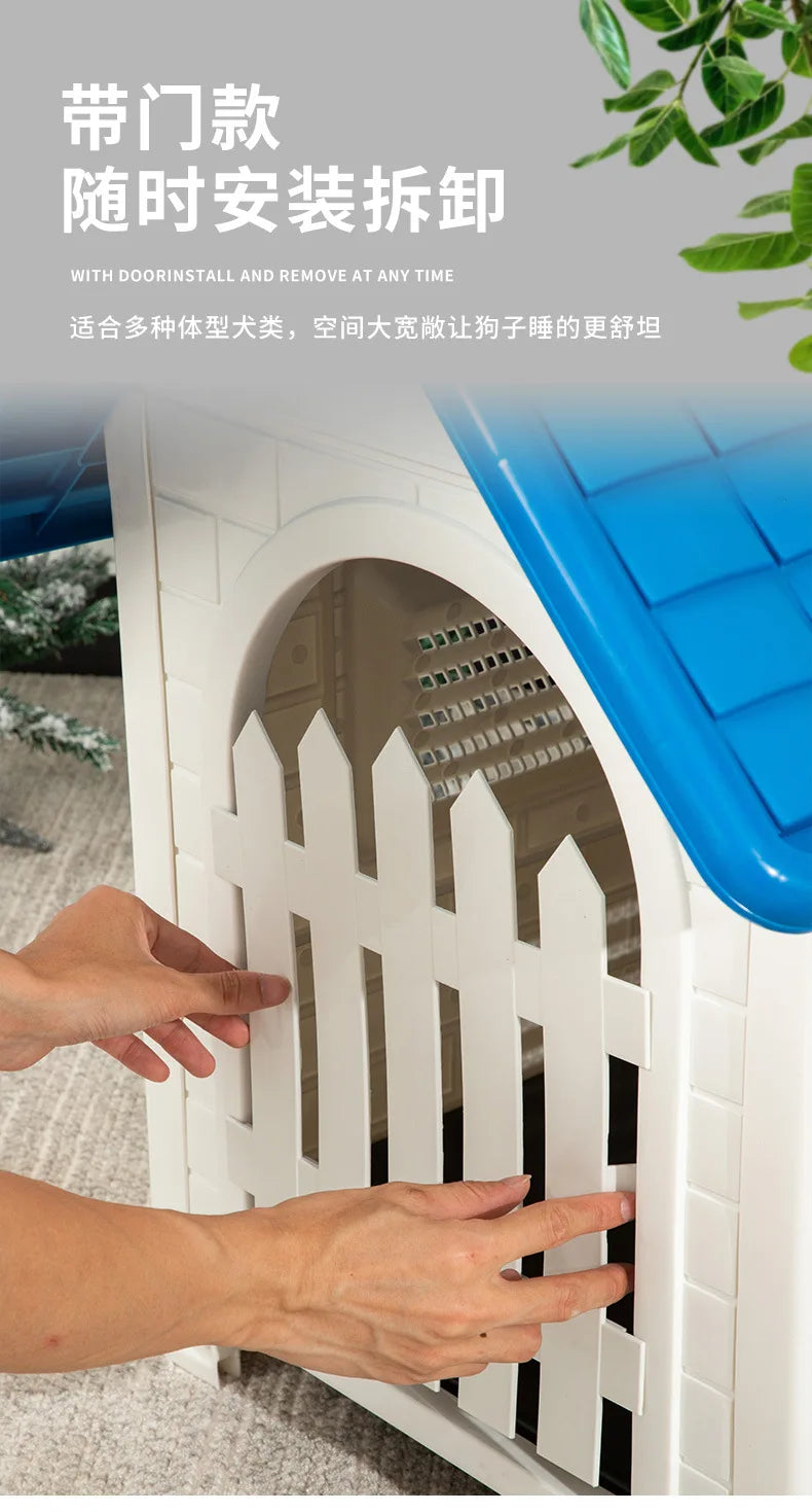 Casa para perros interior y exterior: cubierta extraíble a prueba de lluvia, perrera de plástico para perros medianos/grandes, refugio impermeable y resistente al viento