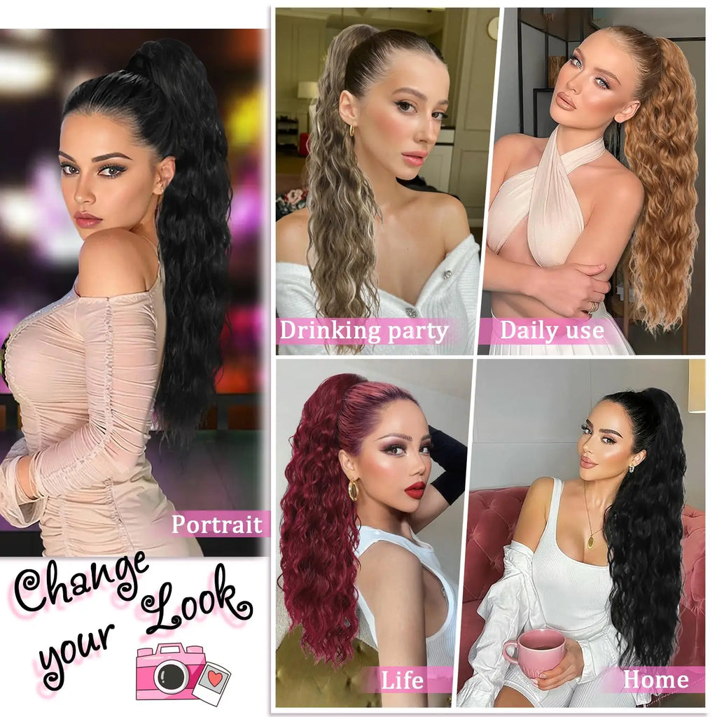 Extensión de cabello de cola de caballo ondulada y rizada larga para mujer, postizos de cola de caballo con cordón, cola de caballo falsa sintética, negro, Rubio y rojo
