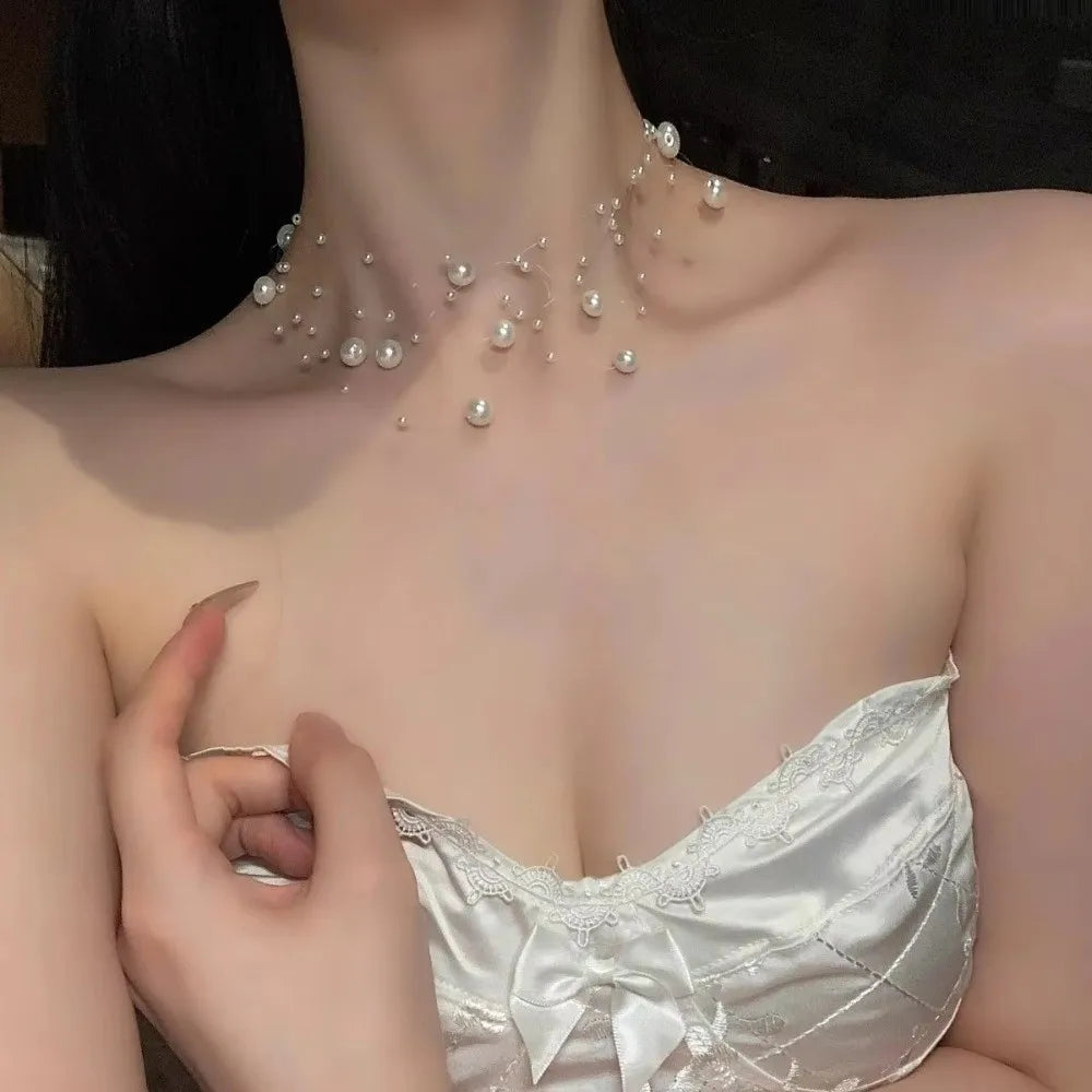 Collar de perlas blancas de moda, longitud ajustable, cadena de suéter multicapa, collar de joyería para mujer