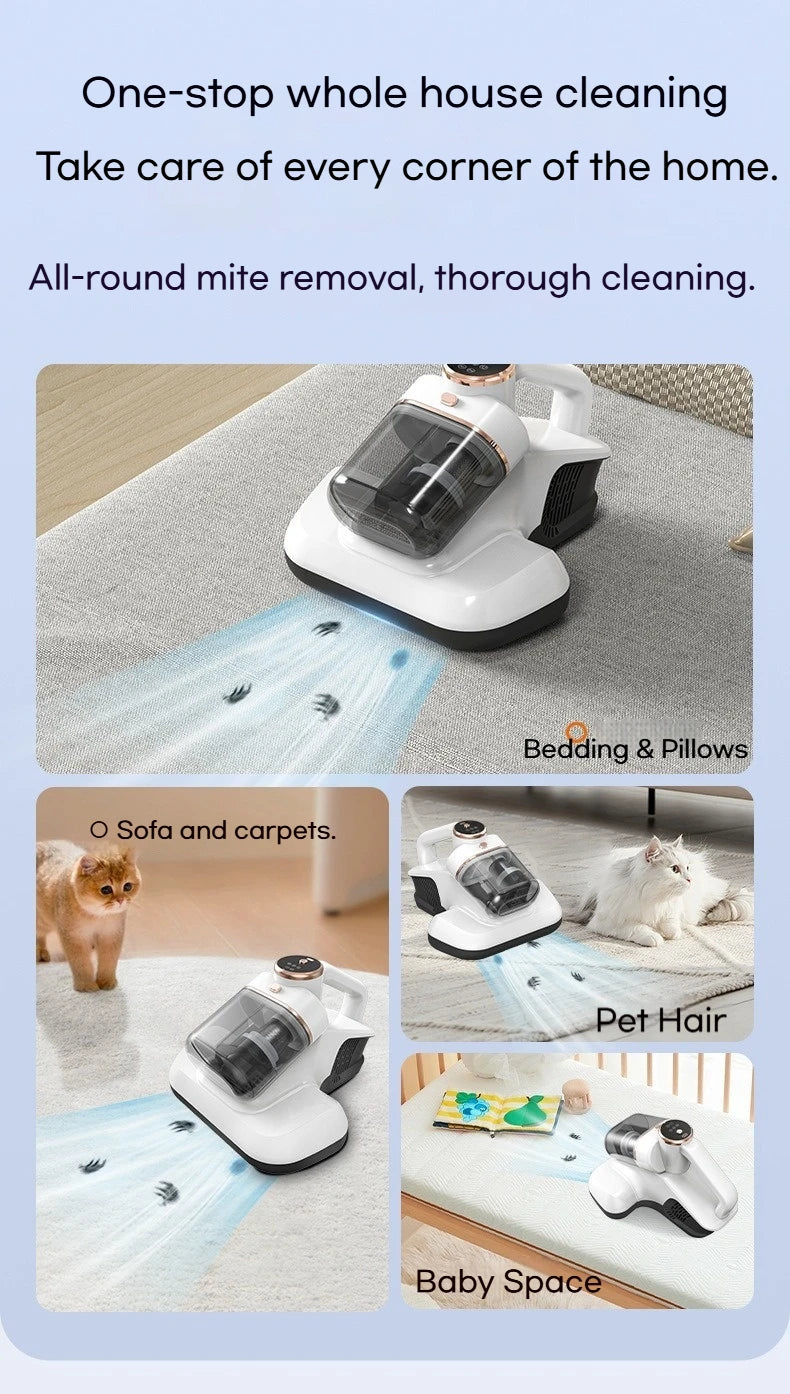Eliminador Inalámbrico de Ácaros del Polvo, Succión de 10KPa, Filtración de Doble Copa, Esterilización UV, Vibración de Alta Frecuencia, para Cama y Sofá
