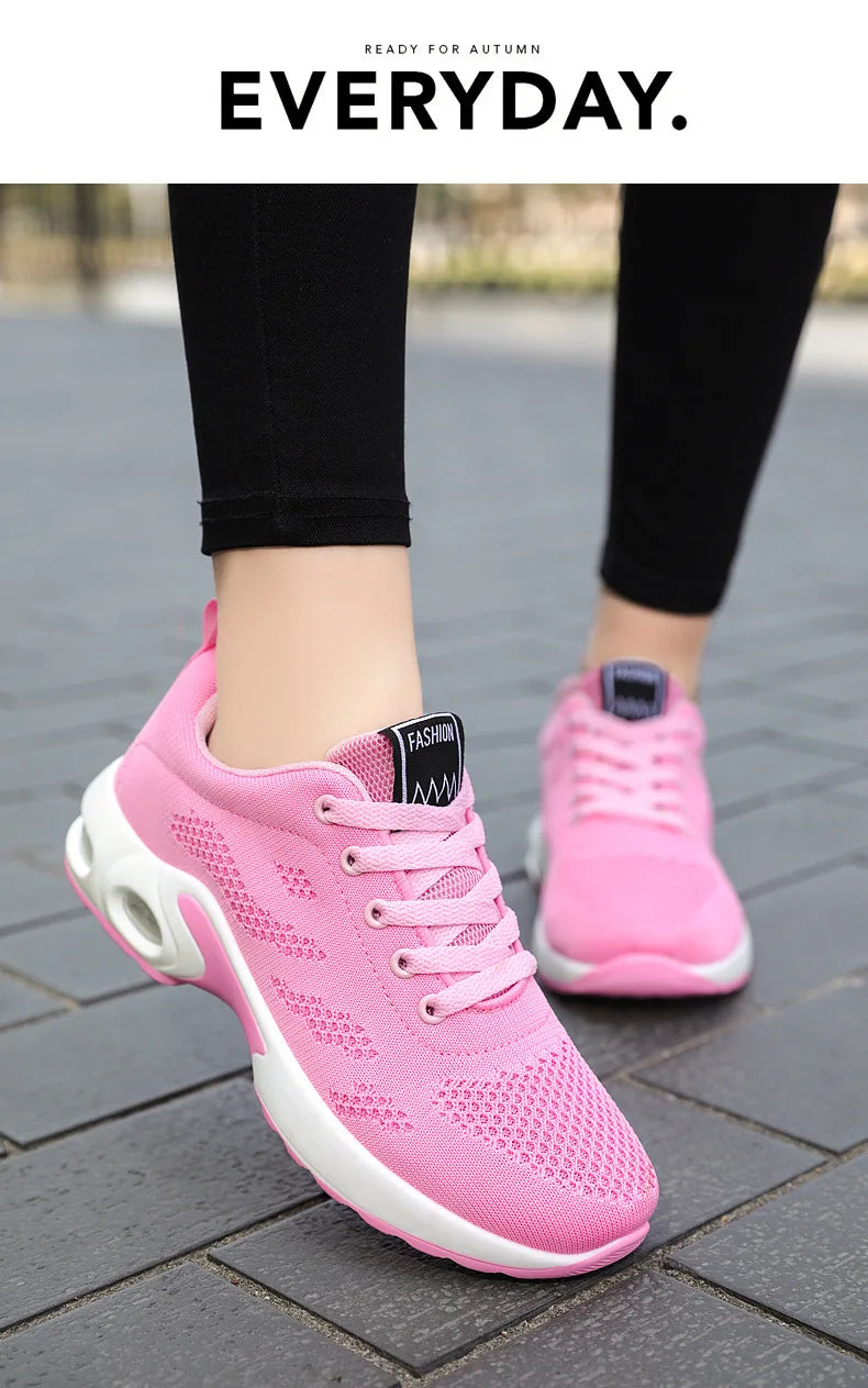 Zapatos deportivos transpirables con amortiguación de aire para mujer, zapatillas informales con cordones cruzados y tacón plano con punta redonda de estilo coreano