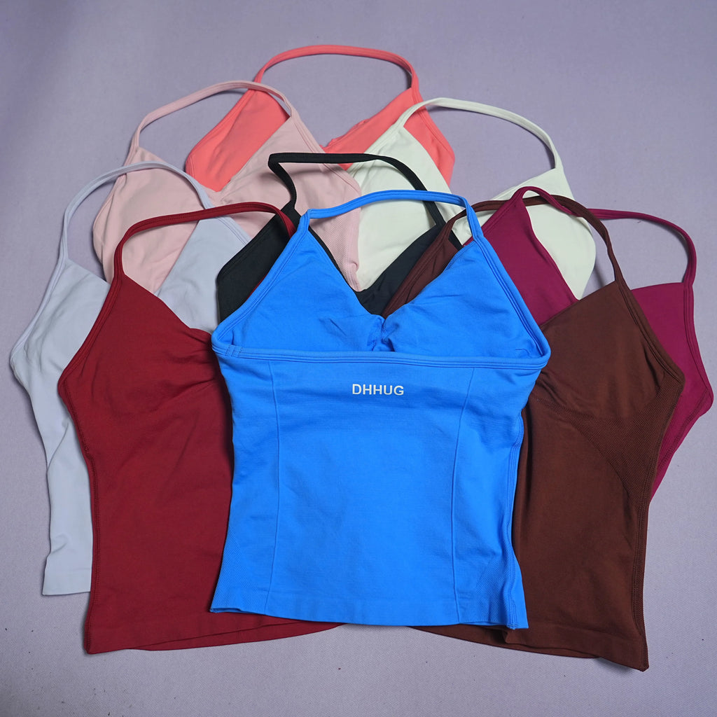 DHHUG Top deportivo para mujer, camiseta sin costuras para yoga con relleno extraíble, top deportivo sin mangas con cuello en V, para gimnasio y correr