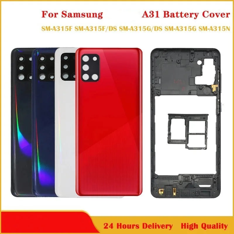 Para Samsung Galaxy A31 A315F A315G A315N A315 carcasa completa marco medio A31 cubierta trasera de batería puerta trasera con reemplazo adhesivo